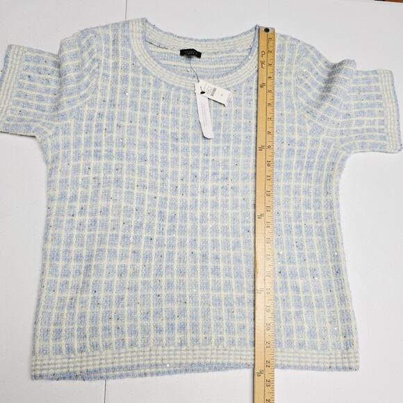 Talbots M Crewneck Sweater Sequin Plaid Blue Short Sleeve Preppy Academic NWT - Picture 12 of 12